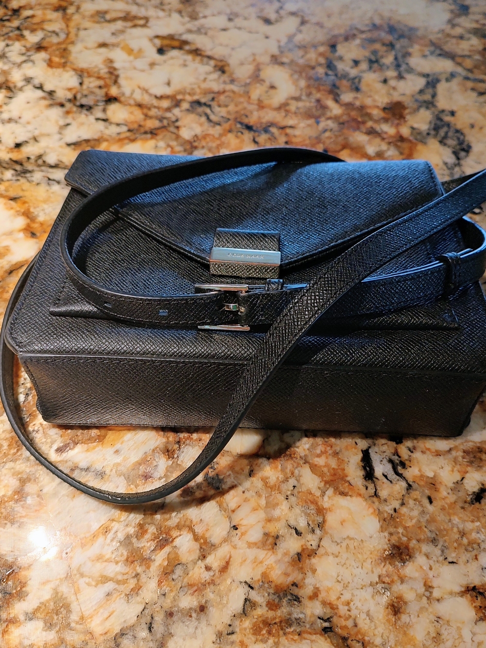 Cole Haan Black Leather Messenger Bag with Silver Hardware
